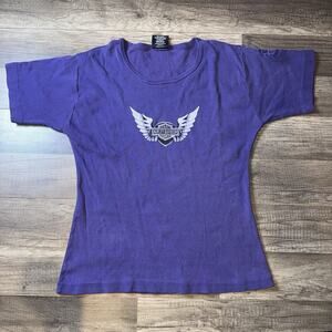 Harley Davidson Women’s Y2K Purple T Shirt Medium Made USA Biker Wing Logo cali